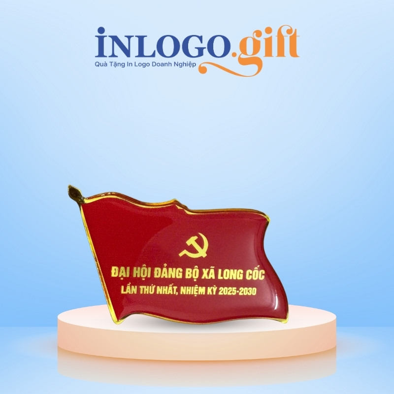 Huy hiệu in logo kim loại đổ keo màu đỏ HH-03