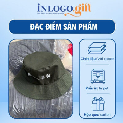 Mũ in logo vải cotton 2 lớp kiểu dáng bucket màu xanh rêu MV-01