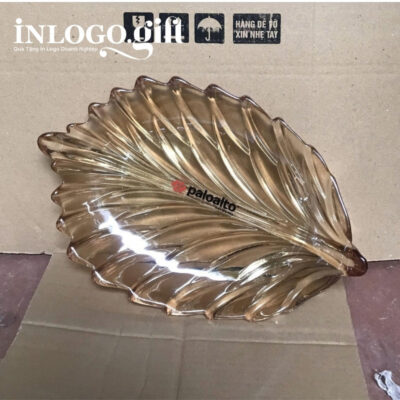 Đĩa thủy tinh in logo hình chiếc lá ĐTT-01