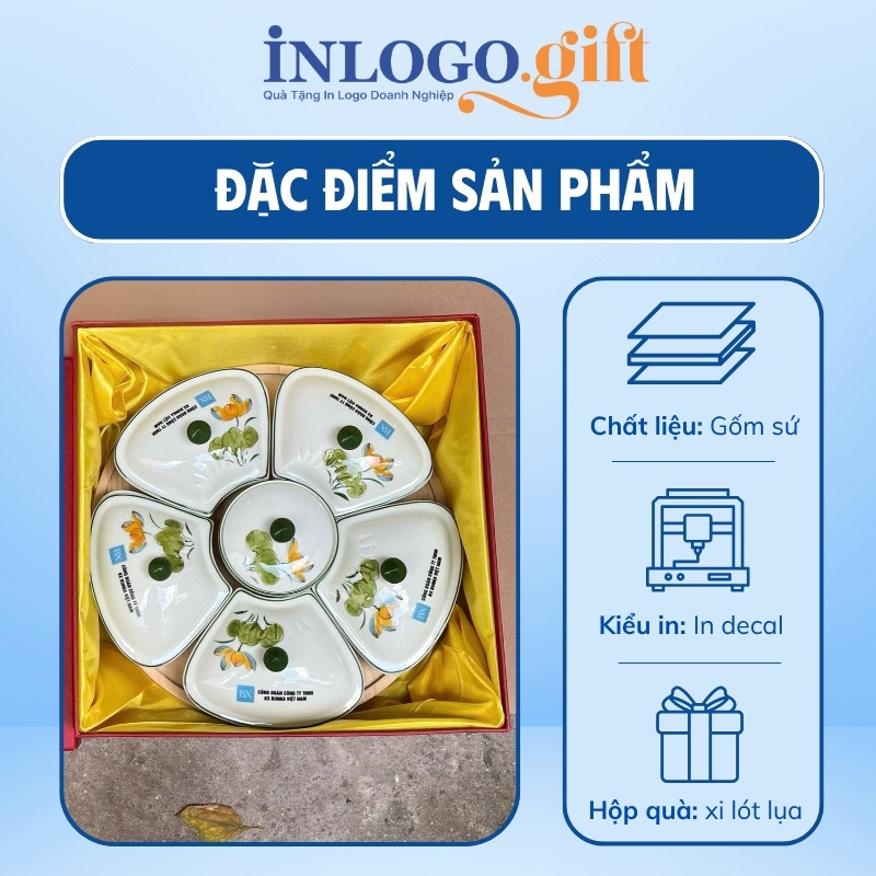 Khay mứt in logo 6 món dáng hoa 5 cánh họa tiết vẽ tay hoa sen KM-05
