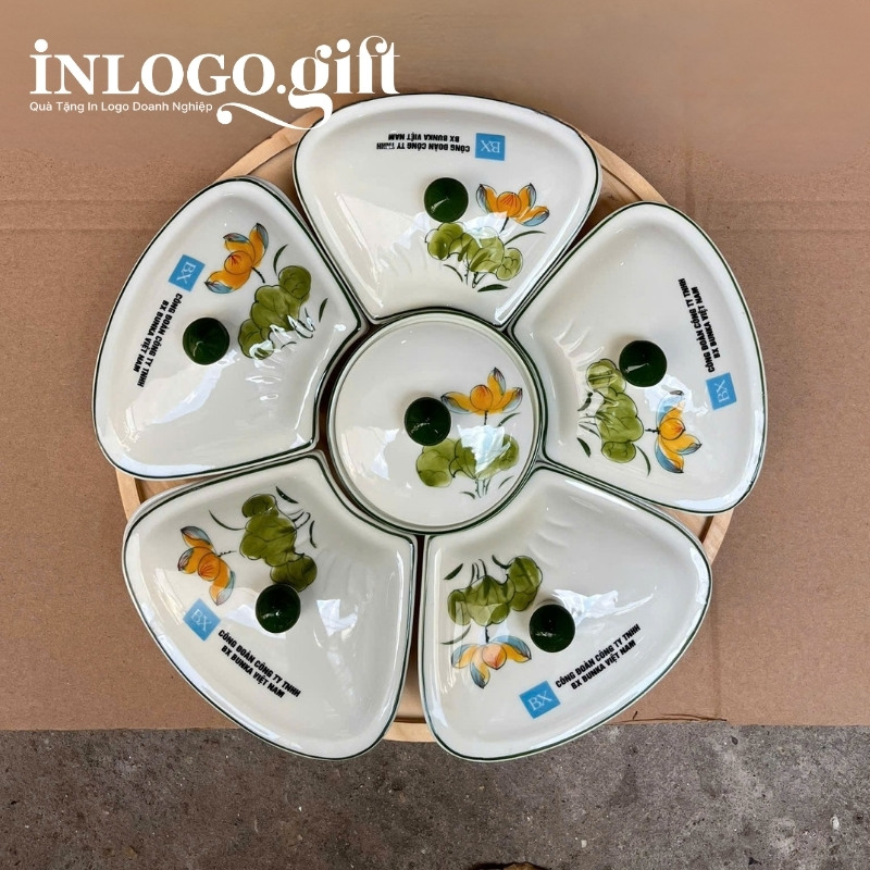 Khay mứt in logo 6 món dáng hoa 5 cánh họa tiết vẽ tay hoa sen KM-05