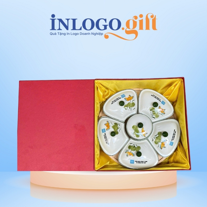 Khay mứt in logo 6 món dáng hoa 5 cánh họa tiết vẽ tay hoa sen KM-05