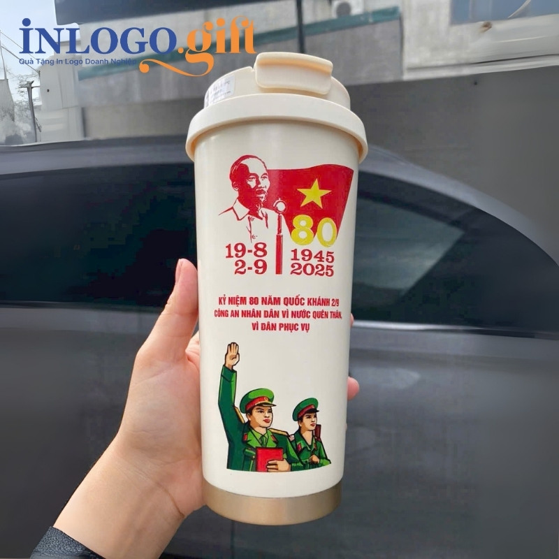 Ly giữ nhiệt quà tặng Đại Hội in logo màu trắng 500ml LGN-11