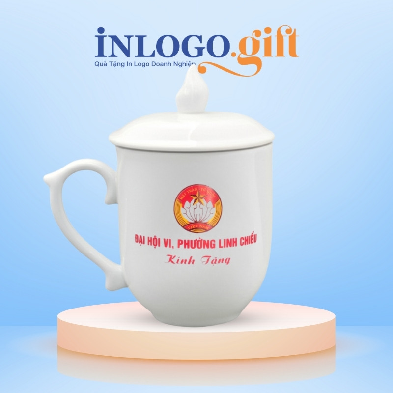 Ly sứ quà tặng Đại Hội in logo dáng ngọn lửa có nắp 350ml LS-18