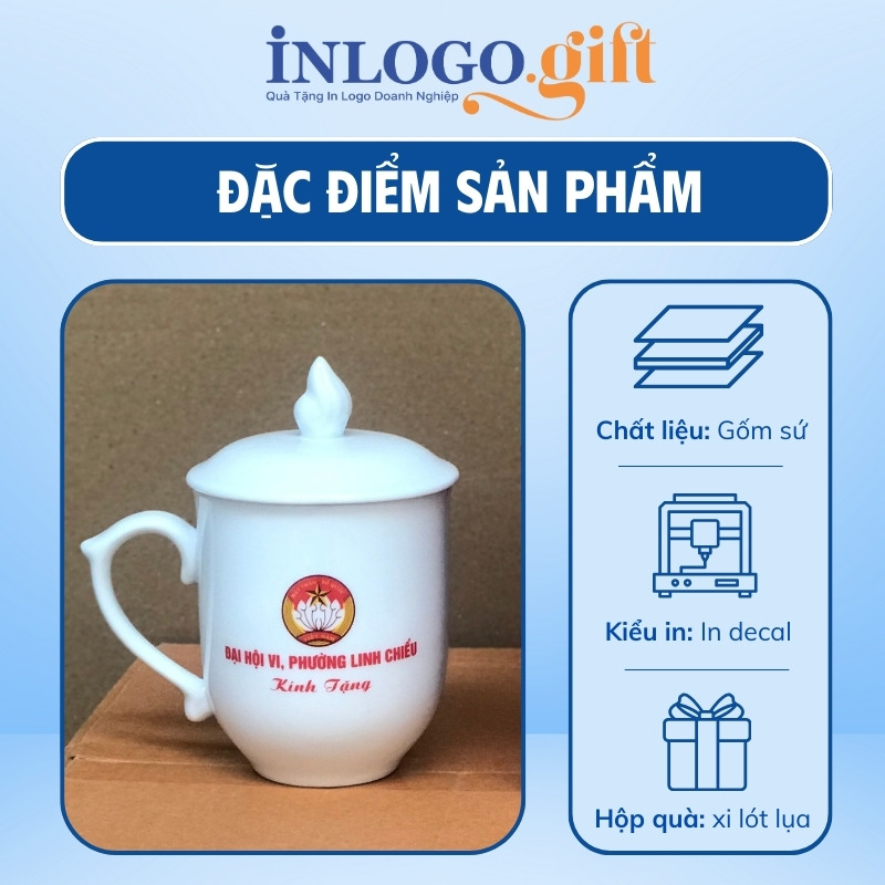 Ly sứ quà tặng Đại Hội in logo dáng ngọn lửa có nắp 350ml LS-18