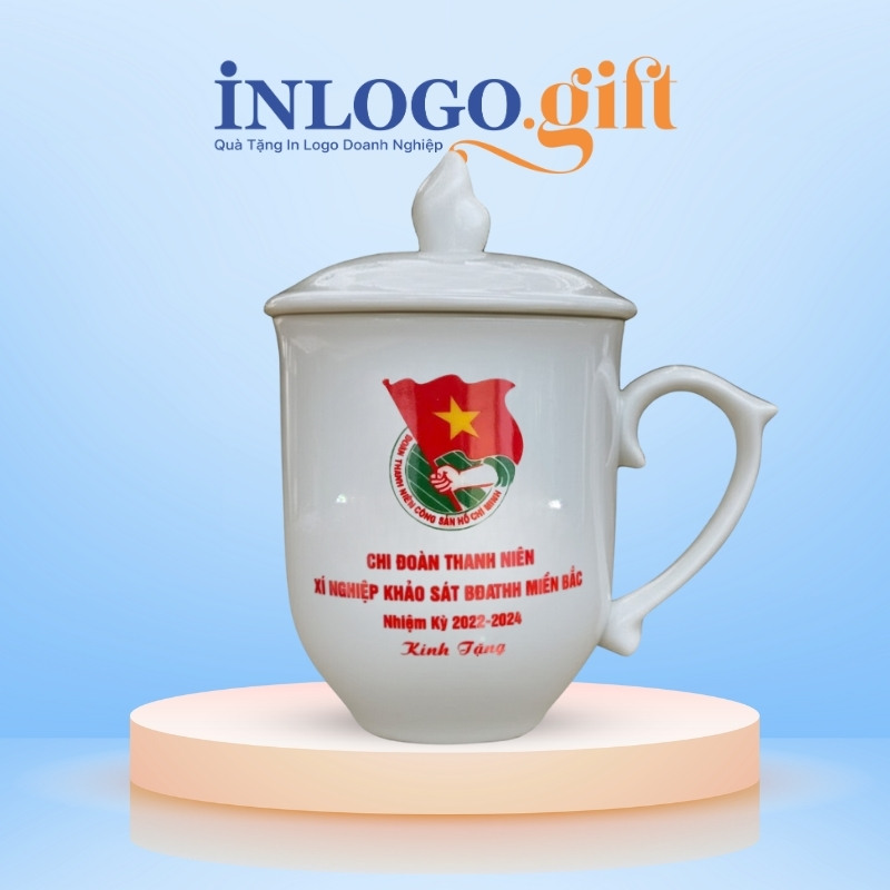 Quà tặng Đại Hội in logo cốc sứ dáng ngọn lửa có nắp 350ml LS-19