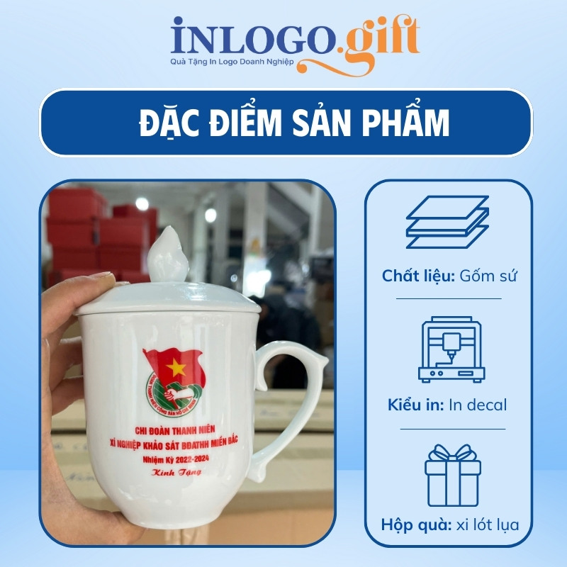 Quà tặng Đại Hội in logo cốc sứ dáng ngọn lửa có nắp 350ml LS-19