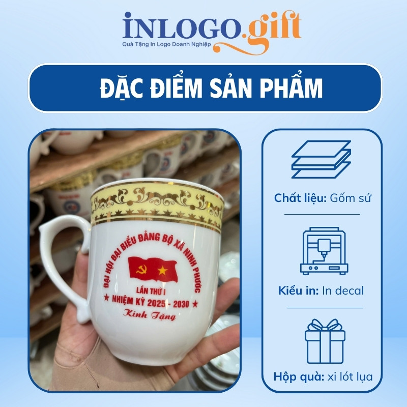 Cốc sứ quà tặng Đại Hội in logo dáng ngọn lửa có nắp 350ml LS-16