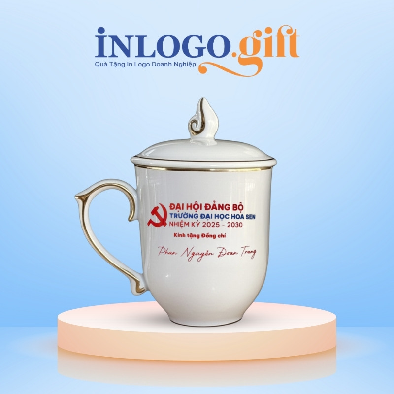 Ly sứ quà tặng Đại Hội in logo dáng ngọn lửa có 350ml LS-18