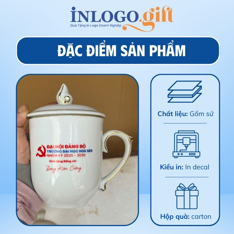 Ly sứ quà tặng Đại Hội in logo dáng ngọn lửa có 350ml LS-18