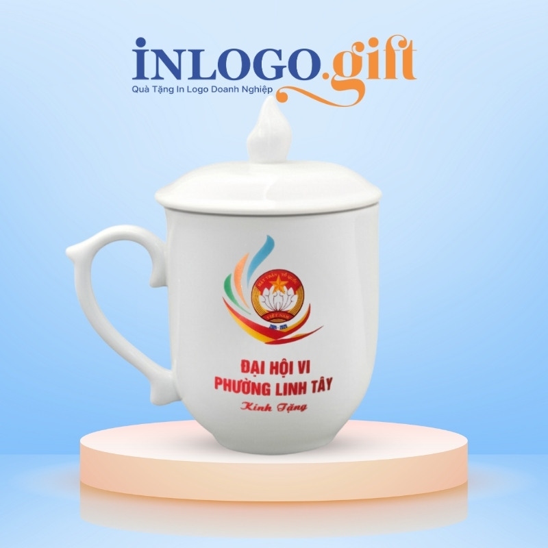 Quà tặng Đại Hội cốc sứ in logo dáng ngọn lửa có nắp 350ml LS-17