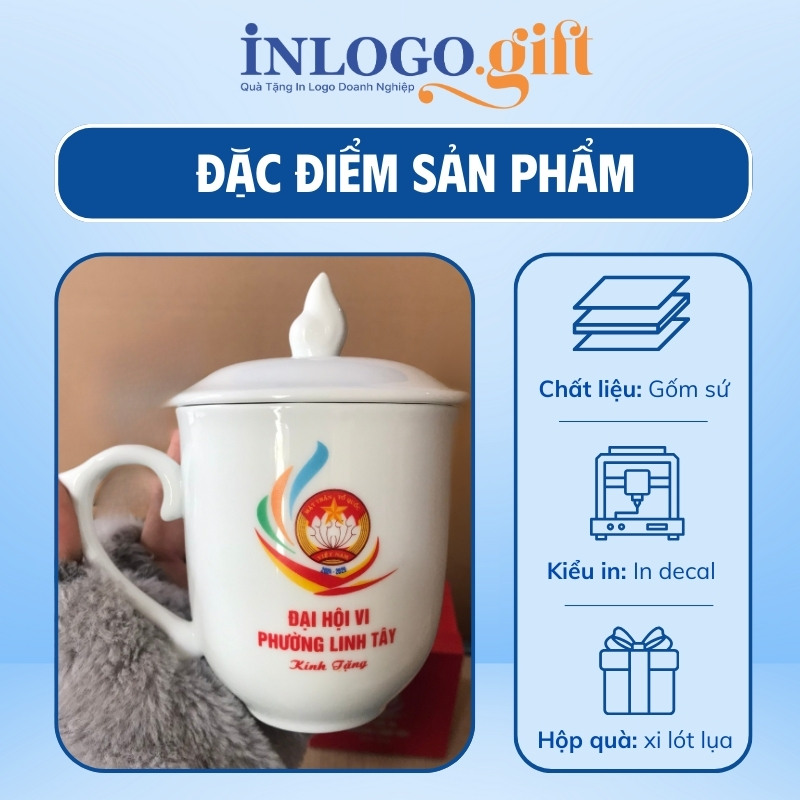 Quà tặng Đại Hội cốc sứ in logo dáng ngọn lửa có nắp 350ml LS-17