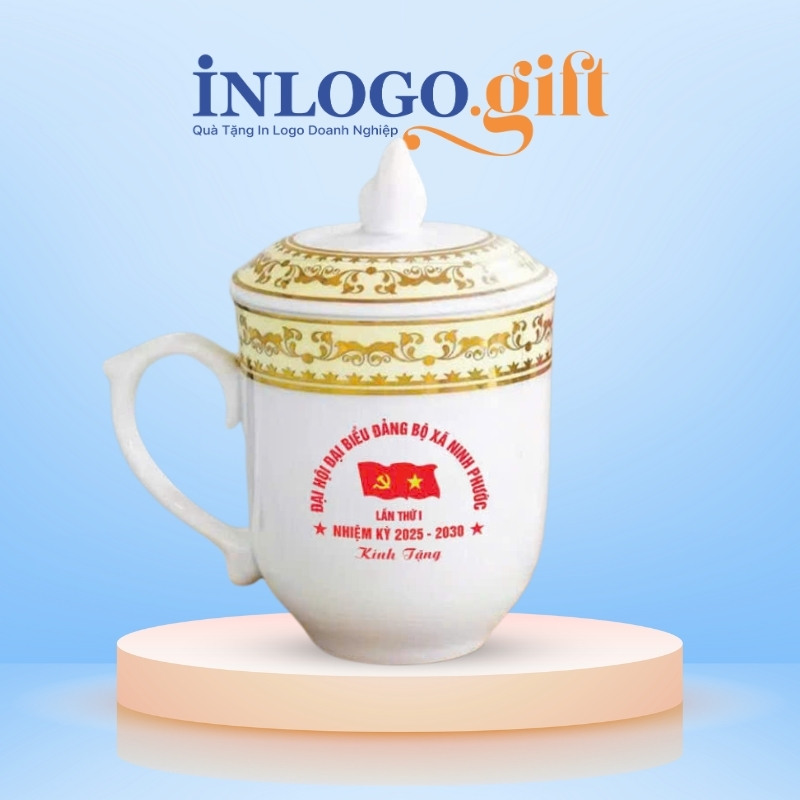 Cốc sứ quà tặng Đại Hội in logo dáng ngọn lửa có nắp 350ml LS-16