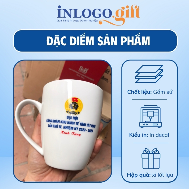 Quà tặng Đại Hội ly sứ in logo dáng thóp quai bán tim 300ml LS-15