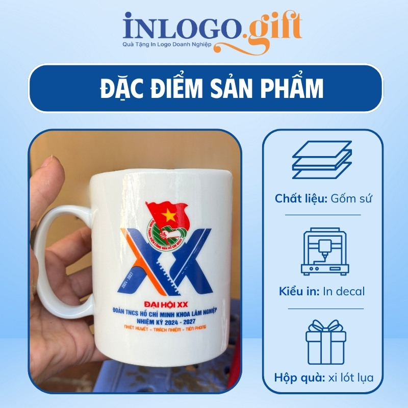 Ly sứ in logo quà tặng Đại Hội dáng trụ quai C 500ml LS-14
