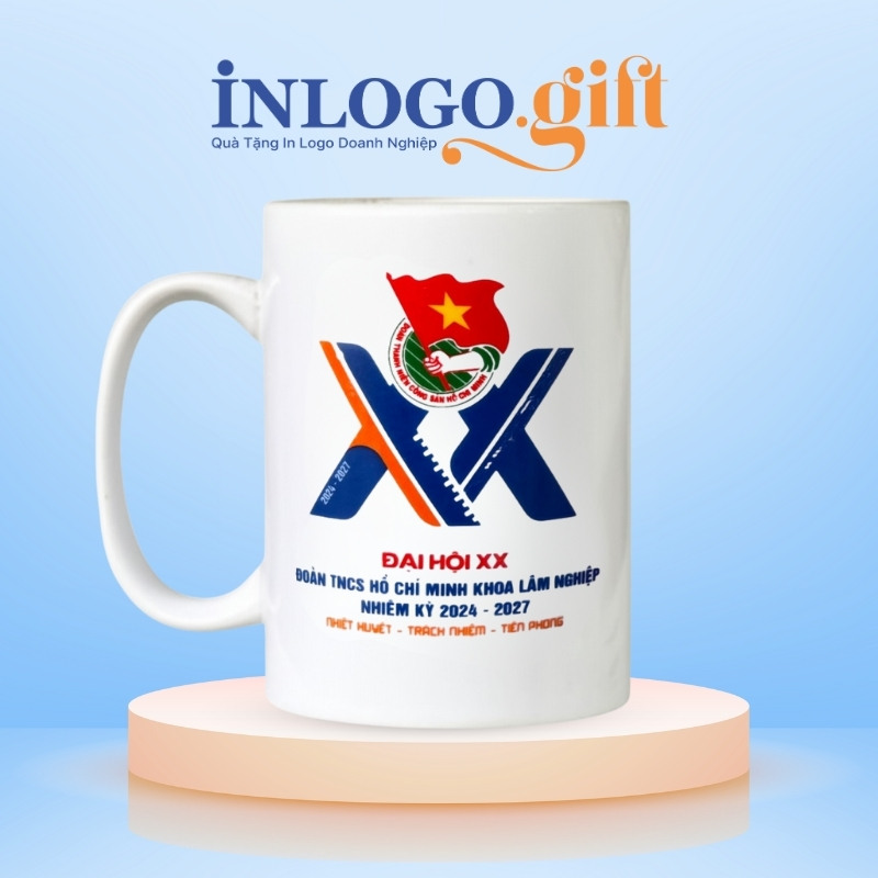 Ly sứ in logo quà tặng Đại Hội dáng trụ quai C 500ml LS-14