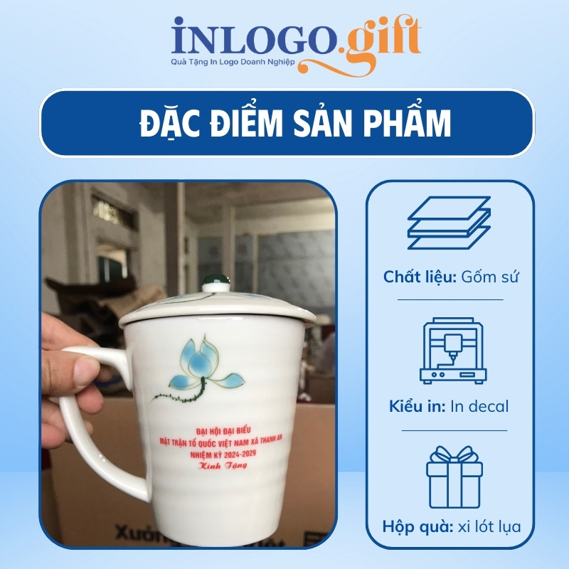 Ly sứ quà tặng Đại Hội in logo hoa sen xanh 350ml LS-13