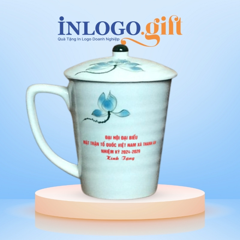 Ly sứ quà tặng Đại Hội in logo hoa sen xanh 350ml LS-13