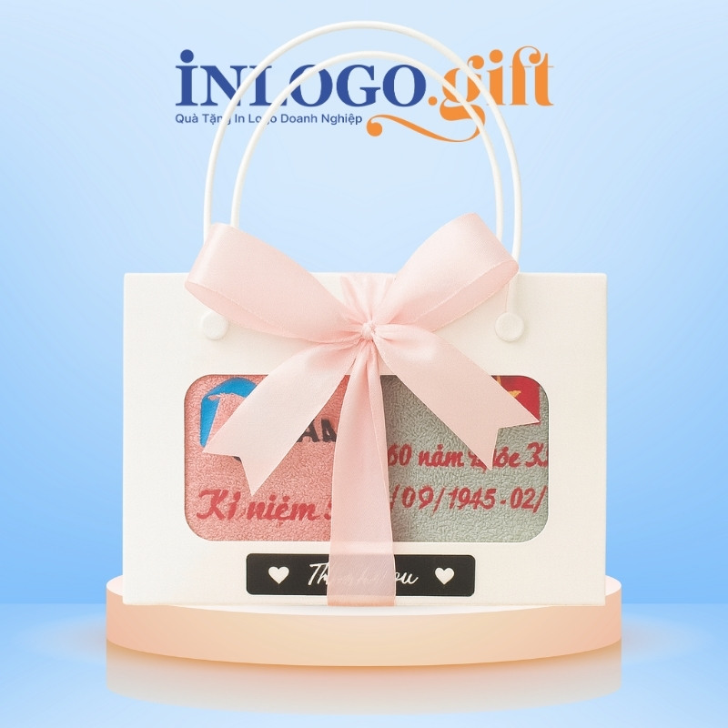 Set khăn quà tặng Đại hội thêu logo vải 2 màu xám và hồng SK-01