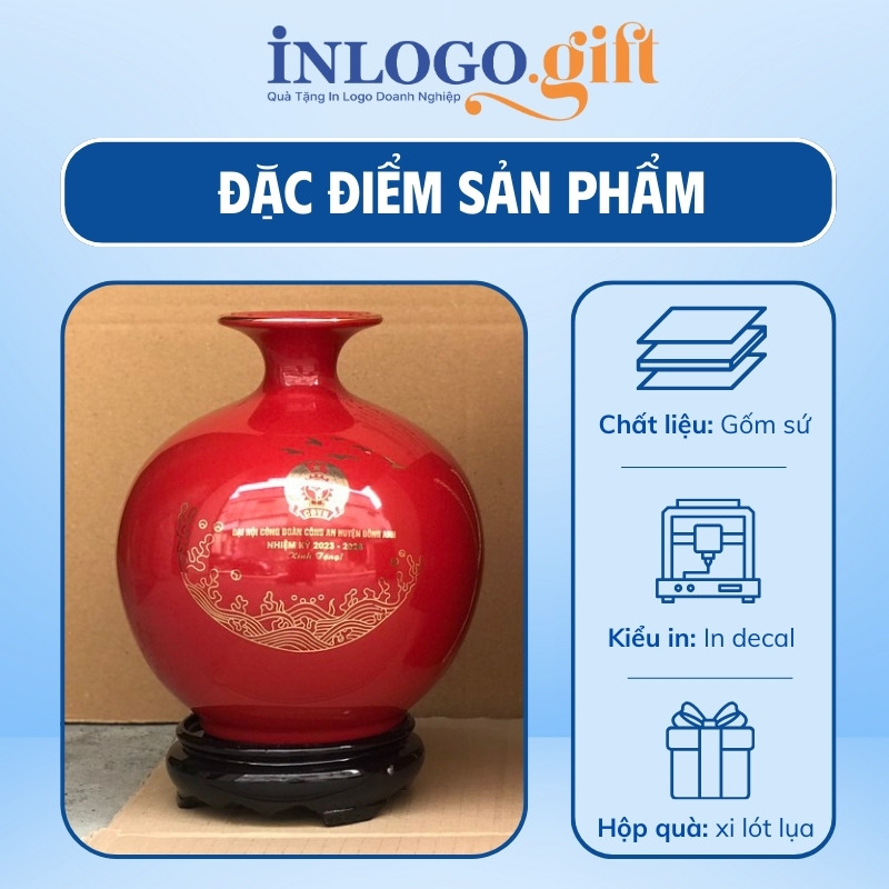 Bình hút lộc chén quà tặng Đại hội in logo mạ vàng 18cm BHL-08