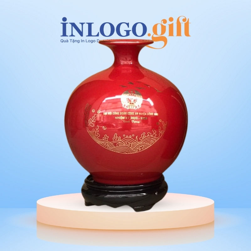 Bình hút lộc chén quà tặng Đại hội in logo mạ vàng 18cm BHL-08