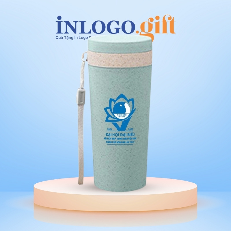 Bình nước nhựa quà tặng Đại hội in logo lúa mạch 400ml BNN-01