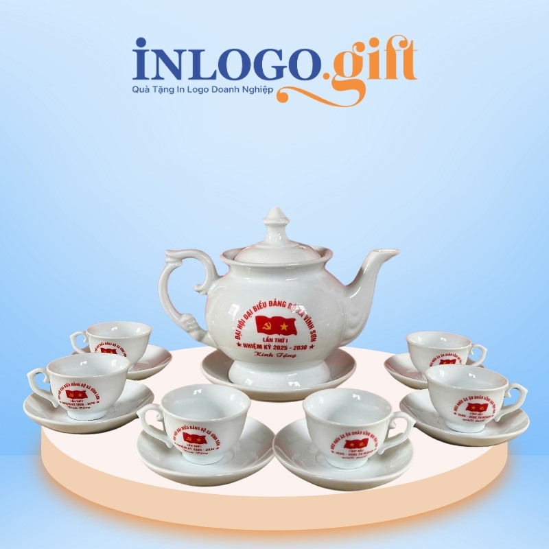 Ấm chén uống trà quà tặng Đại hội in logo dáng đài cát 500ml AC-30