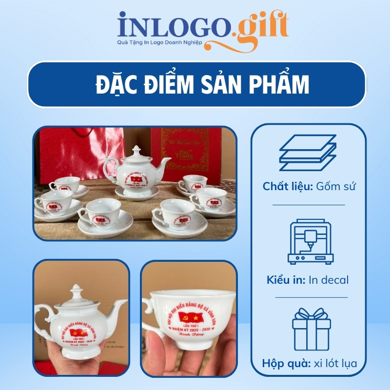 Ấm chén uống trà quà tặng Đại hội in logo dáng đài cát 500ml AC-30