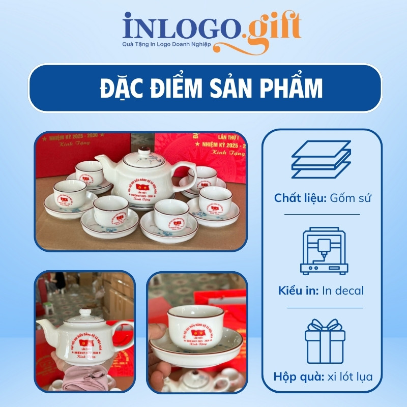 Bộ ấm chén quà tặng Đại hội in logo dáng vai vuông hoa mai xanh 500ml AC-31