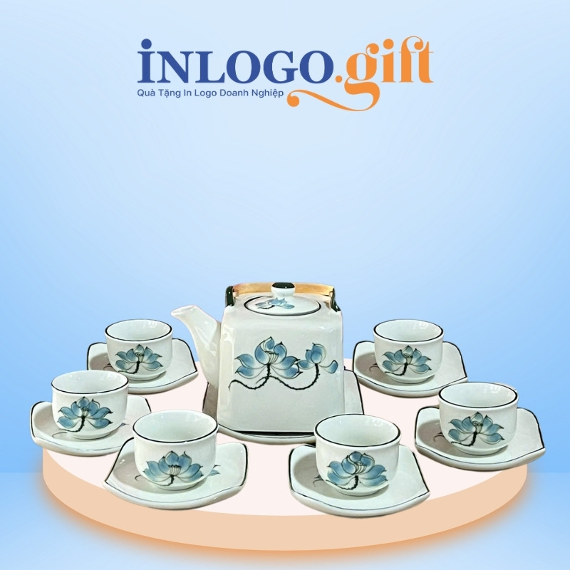 Quà tặng Đại hội bộ ấm trà in logo quai đồng men kem 450ml AC-24