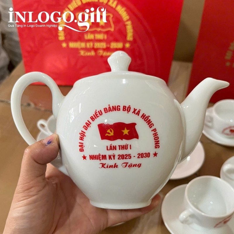 Bộ ấm chén quà tặng Đại hội in logo thương hiệu Minh Long 500ml AC-28