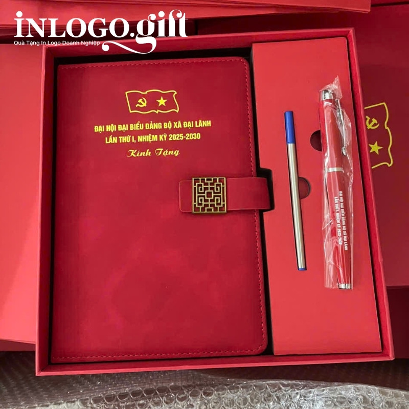 Quà tặng Đại hội bộ quà tặng in logo 2 món sổ da và bút ký BGS-39