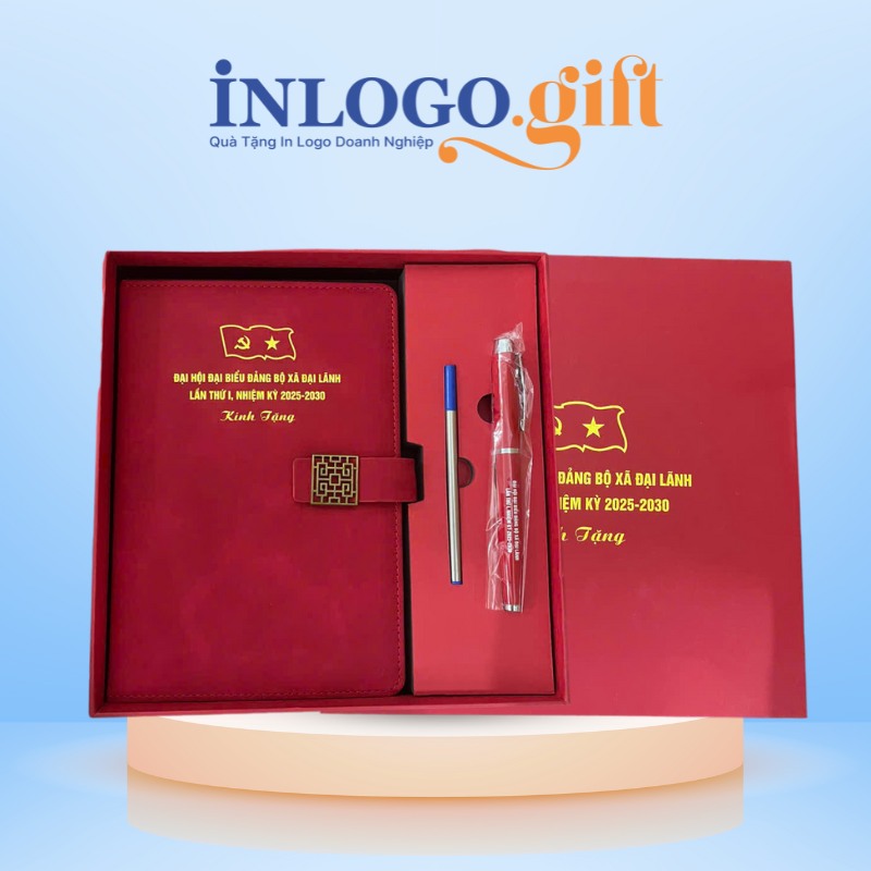 Quà tặng Đại hội bộ quà tặng in logo 2 món sổ da và bút ký BGS-39