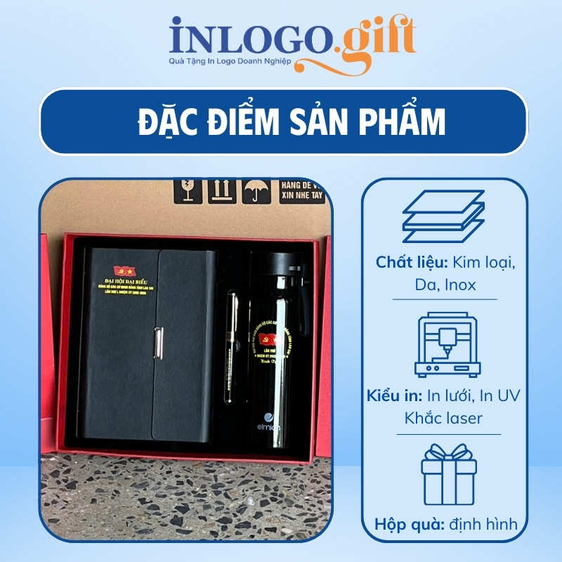 Bộ giftset quà tặng Đại hội in logo 3 món bình giữ nhiệt, sổ da và bút ký BGS-38