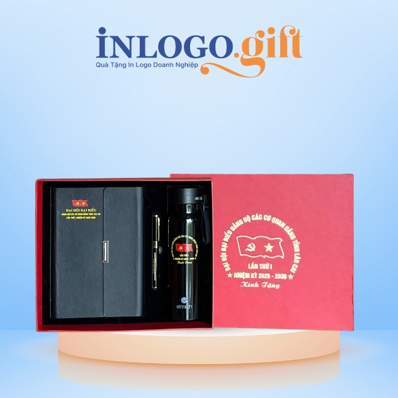 Bộ giftset quà tặng Đại hội in logo 3 món bình giữ nhiệt, sổ da và bút ký BGS-38