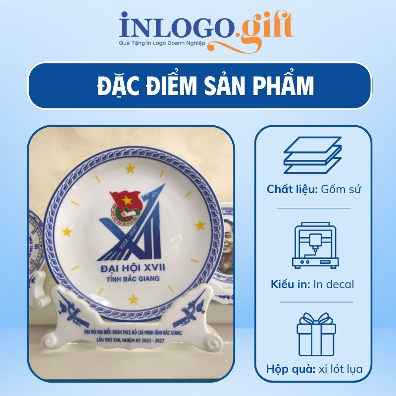 Đĩa biểu trưng quà tặng Đại hội in logo đế sứ phi 22 ĐBT-12