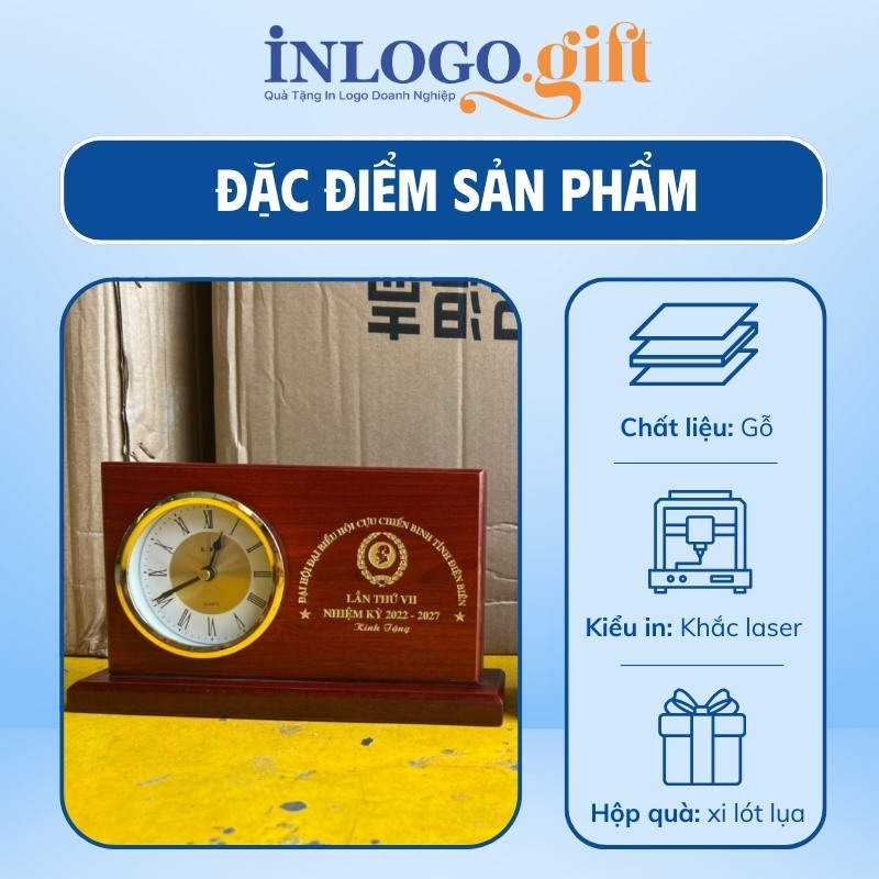 Đồng hồ để bàn quà tặng Đại hội in logo gỗ DHB-15