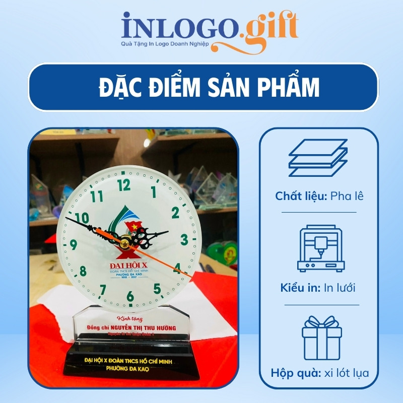 Quà tặng Đại Hội in logo đồng hồ để bàn pha lê hình tròn DHB-09