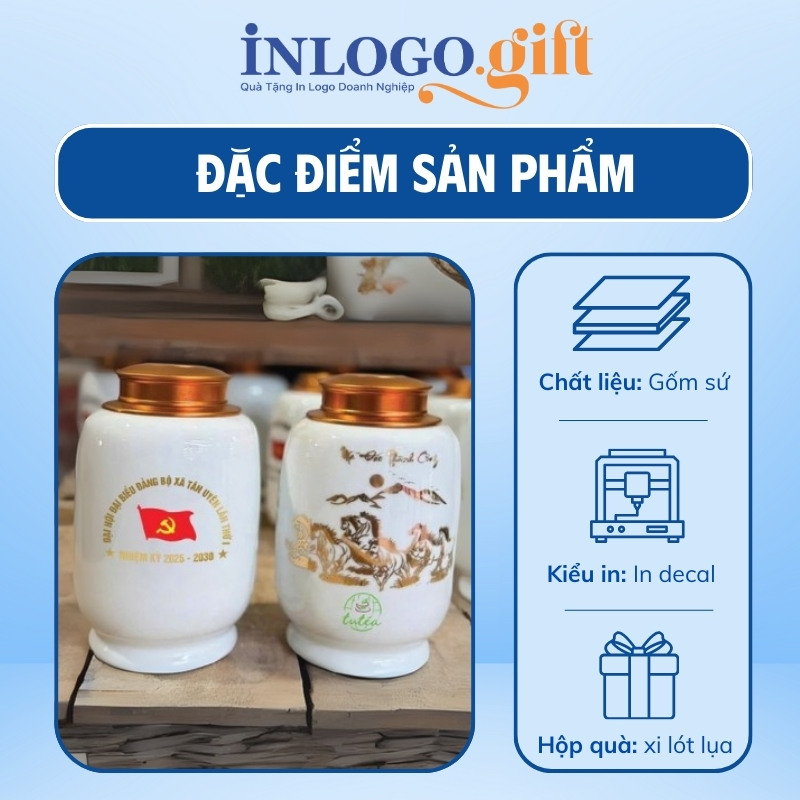 Hũ đựng trà quà tặng Đại hội in logo dáng trụ 200g HĐT-05