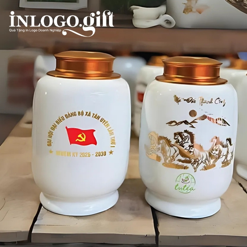Hũ đựng trà quà tặng Đại hội in logo dáng trụ 200g HĐT-05