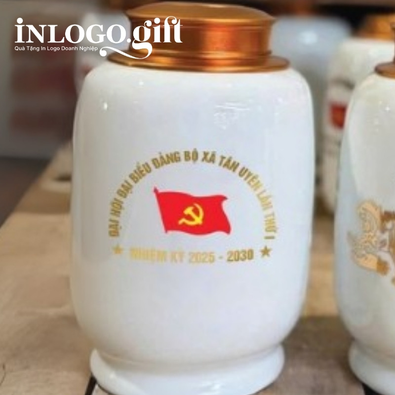 Hũ đựng trà quà tặng Đại hội in logo dáng trụ 200g HĐT-05