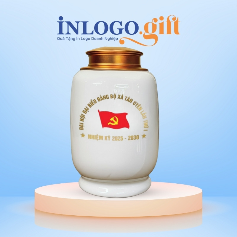 Hũ đựng trà quà tặng Đại hội in logo dáng trụ 200g HĐT-05