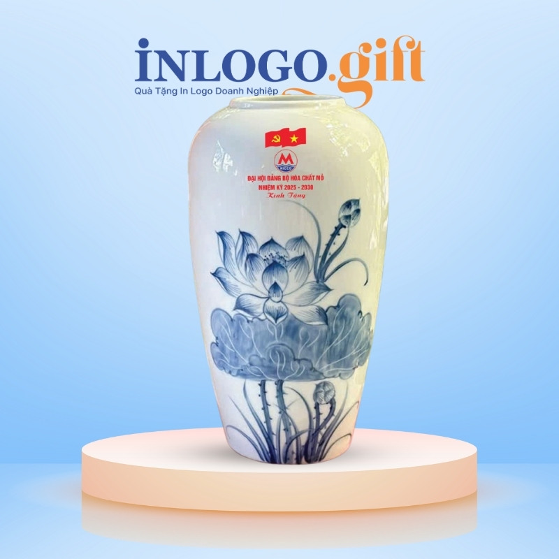 Quà tặng Đại Hội lọ hoa in logo dáng phích sen xanh LH-18