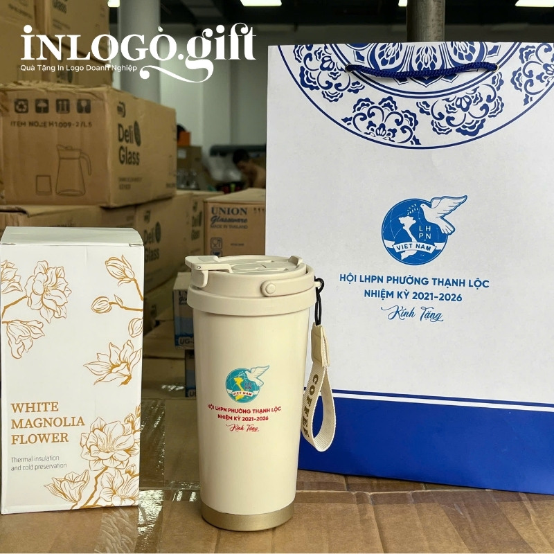 Ly giữ nhiệt quà tặng Đại hội in logo thương hiệu Flower 500ml LGN-13
