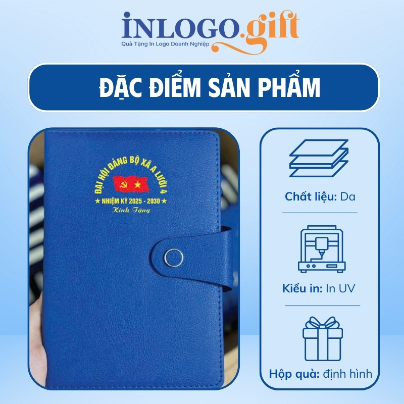 In logo lên sổ da quà tặng Đại Hội dán gáy khuy bấm SD-09