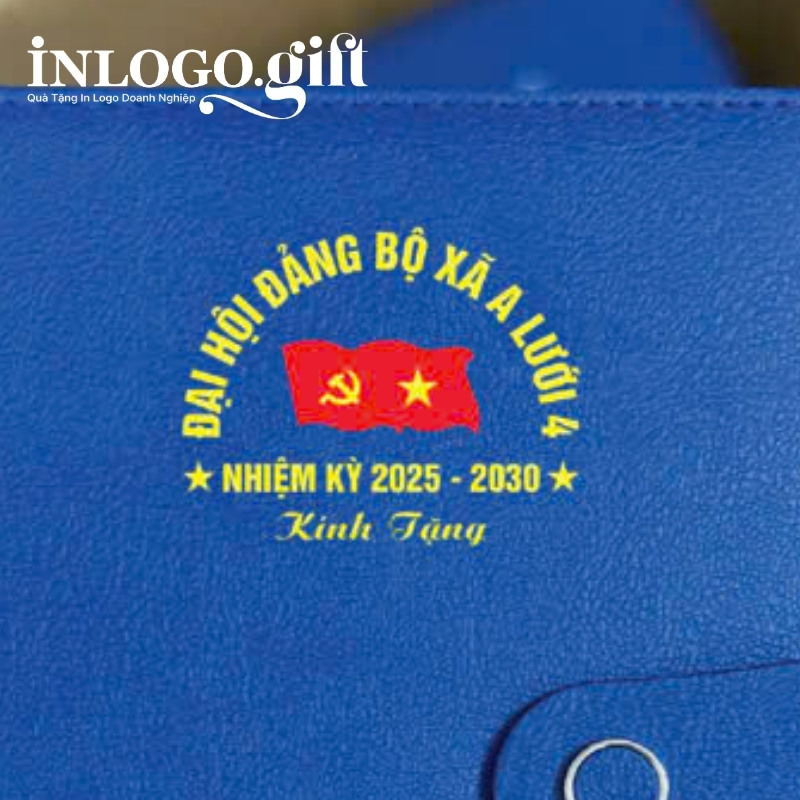 In logo lên sổ da quà tặng Đại Hội dán gáy khuy bấm SD-09