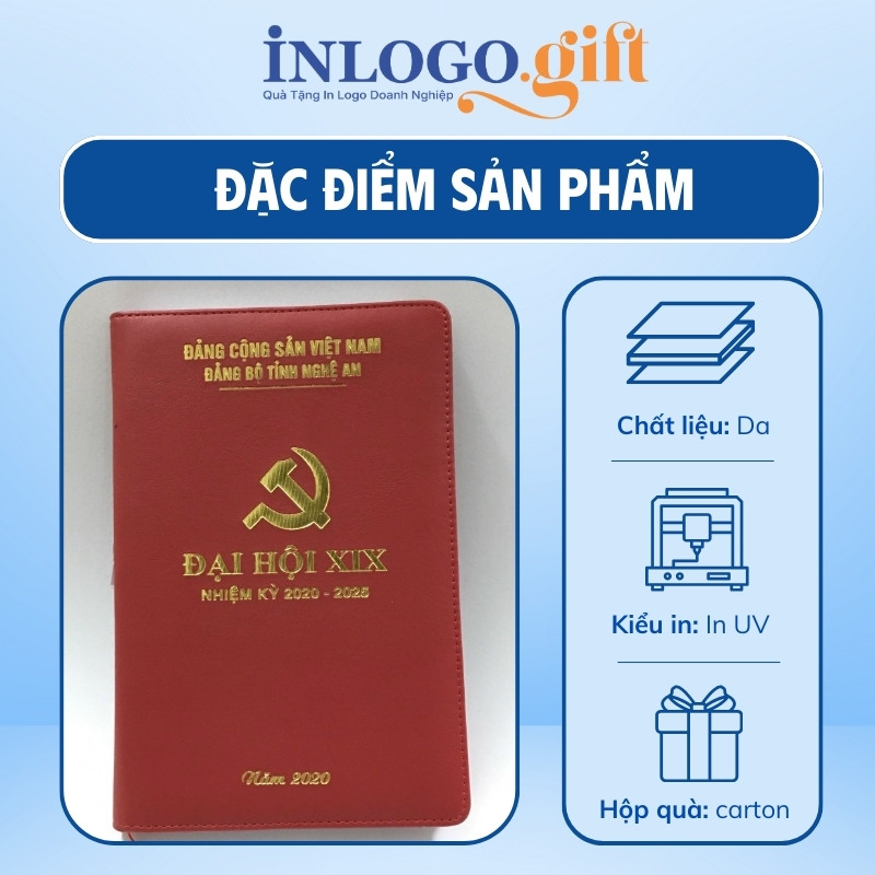 Sổ da quà tặng Đại Hội in logo dán gáy màu đỏ SD-05