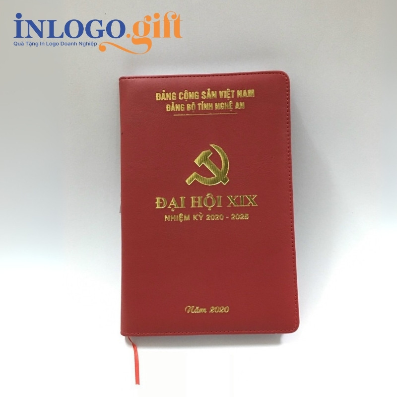 Sổ da quà tặng Đại Hội in logo dán gáy màu đỏ SD-05