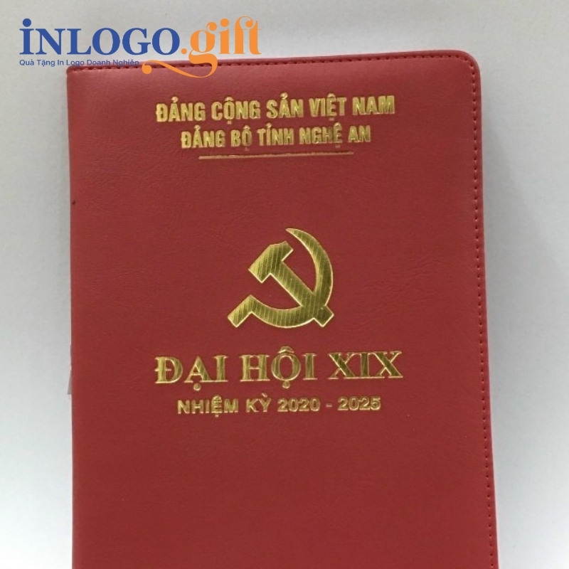 Sổ da quà tặng Đại Hội in logo dán gáy màu đỏ SD-05