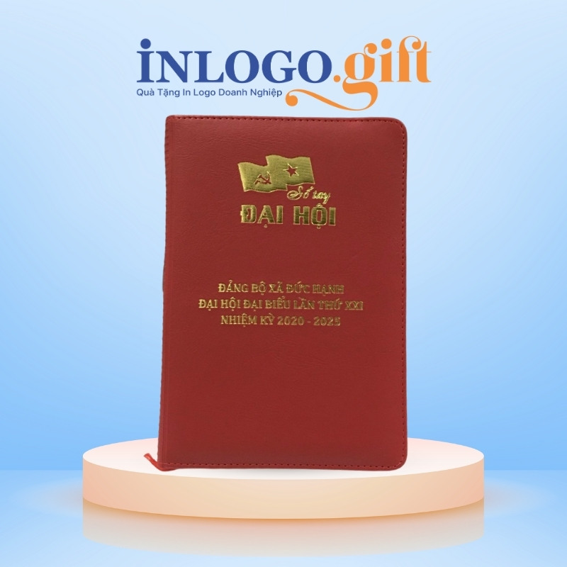 Quà tặng Đại Hội in logo sổ da dán gáy màu đỏ SD-06